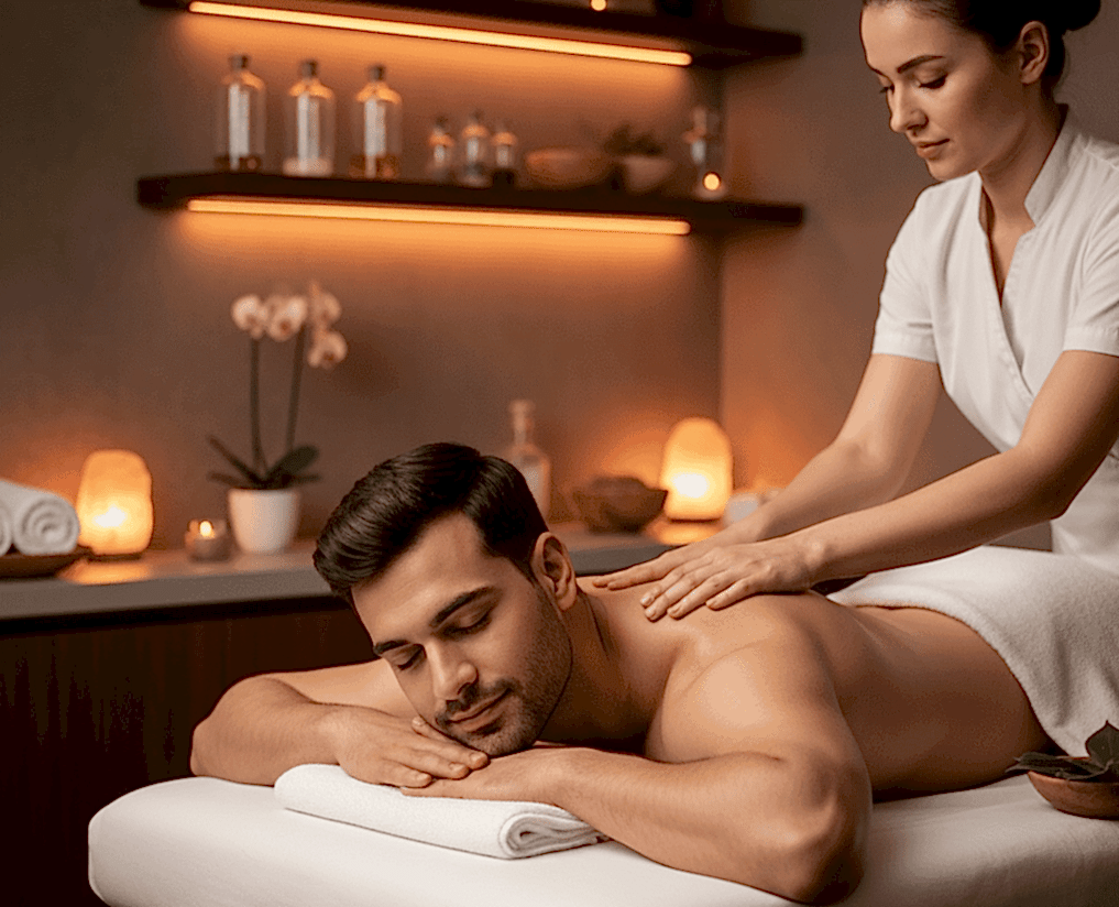 Ofis yorgunluğu için profesyonel sırt masajı yaptıran beyaz yakalı bir çalışan.